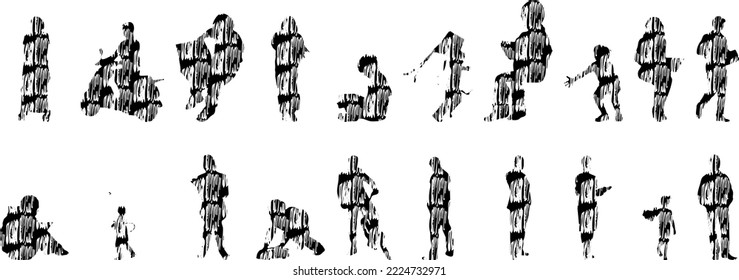 Vector silhouettes, Outline silhouettes of people, Contour drawing, people silhouette, Icon Set Isolated, Silhouette of sitting people, Architectural set	