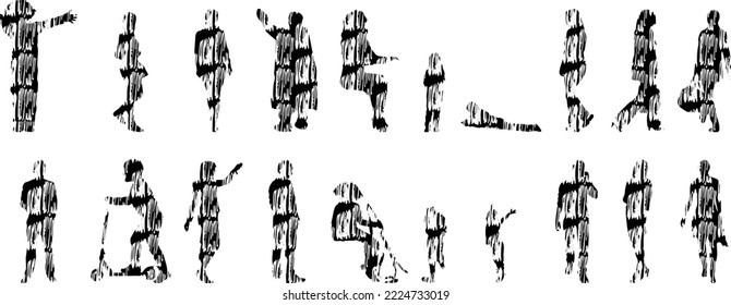 Vector silhouettes, Outline silhouettes of people, Contour drawing, people silhouette, Icon Set Isolated, Silhouette of sitting people, Architectural set	