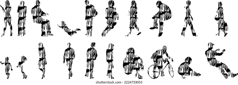 Vector silhouettes, Outline silhouettes of people, Contour drawing, people silhouette, Icon Set Isolated, Silhouette of sitting people, Architectural set	
