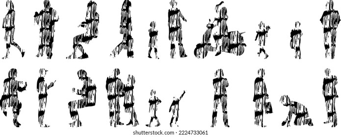 Vector silhouettes, Outline silhouettes of people, Contour drawing, people silhouette, Icon Set Isolated, Silhouette of sitting people, Architectural set	