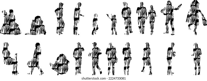 Vector silhouettes, Outline silhouettes of people, Contour drawing, people silhouette, Icon Set Isolated, Silhouette of sitting people, Architectural set	