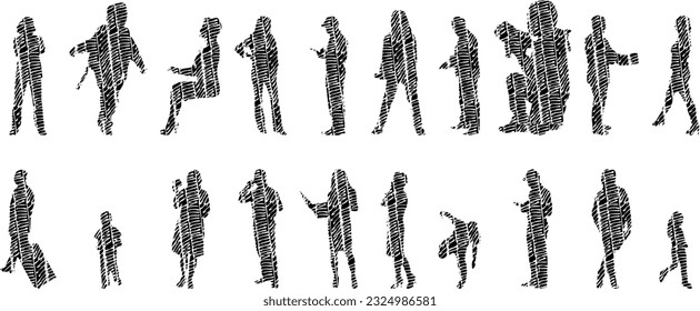 Vector silhouettes, Outline silhouettes of people, Contour drawing, people silhouette, Icon Set Isolated, Silhouette of sitting people, Architectural set	
