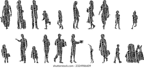 Vector silhouettes, Outline silhouettes of people, Contour drawing, people silhouette, Icon Set Isolated, Silhouette of sitting people, Architectural set	
