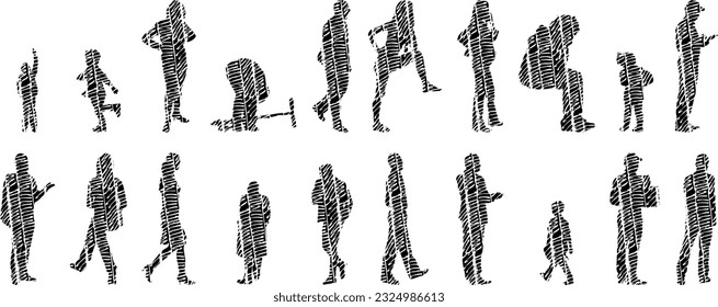 Vector silhouettes, Outline silhouettes of people, Contour drawing, people silhouette, Icon Set Isolated, Silhouette of sitting people, Architectural set	
