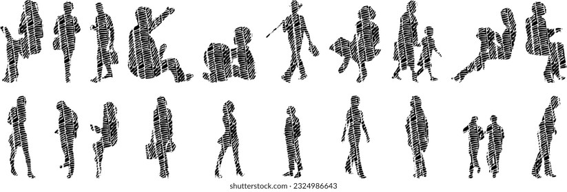 Vector silhouettes, Outline silhouettes of people, Contour drawing, people silhouette, Icon Set Isolated, Silhouette of sitting people, Architectural set	
