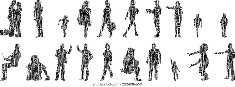 Vector silhouettes, Outline silhouettes of people, Contour drawing, people silhouette, Icon Set Isolated, Silhouette of sitting people, Architectural set	
