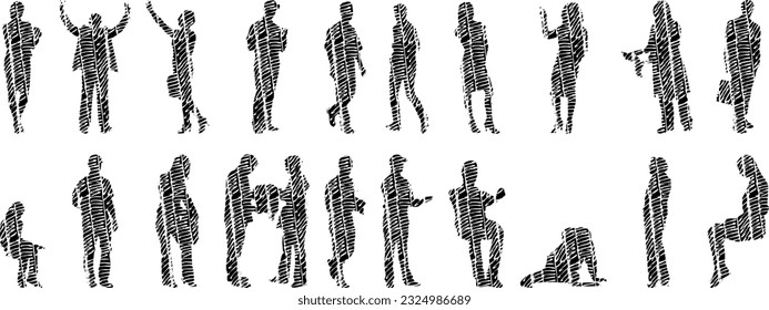 Vector silhouettes, Outline silhouettes of people, Contour drawing, people silhouette, Icon Set Isolated, Silhouette of sitting people, Architectural set	
