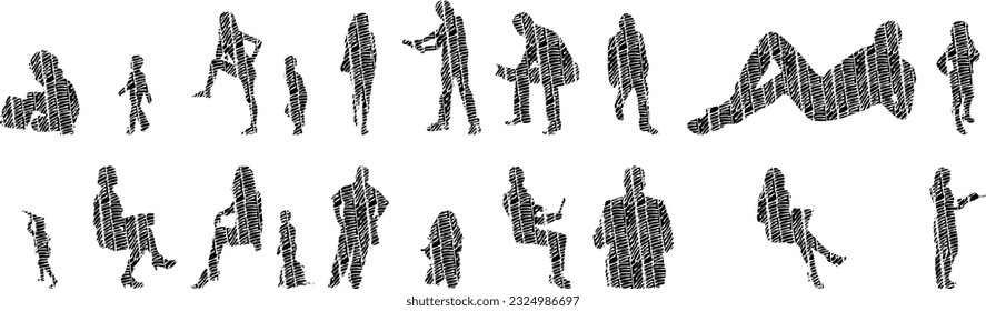 Vector silhouettes, Outline silhouettes of people, Contour drawing, people silhouette, Icon Set Isolated, Silhouette of sitting people, Architectural set	
