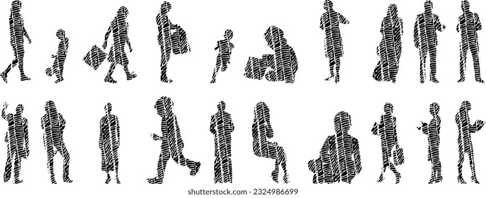 Vector silhouettes, Outline silhouettes of people, Contour drawing, people silhouette, Icon Set Isolated, Silhouette of sitting people, Architectural set	
