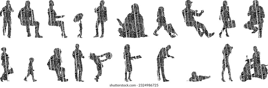 Vector silhouettes, Outline silhouettes of people, Contour drawing, people silhouette, Icon Set Isolated, Silhouette of sitting people, Architectural set	
