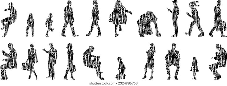Vector silhouettes, Outline silhouettes of people, Contour drawing, people silhouette, Icon Set Isolated, Silhouette of sitting people, Architectural set	
