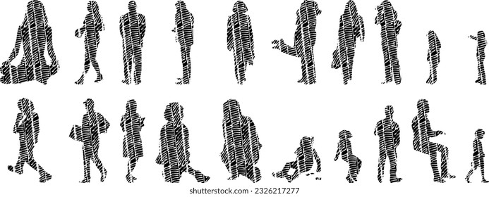 Vector silhouettes, Outline silhouettes of people, Contour drawing, people silhouette, Icon Set Isolated, Silhouette of sitting people, Architectural set	
