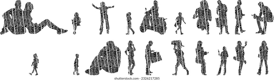 Vector silhouettes, Outline silhouettes of people, Contour drawing, people silhouette, Icon Set Isolated, Silhouette of sitting people, Architectural set	
