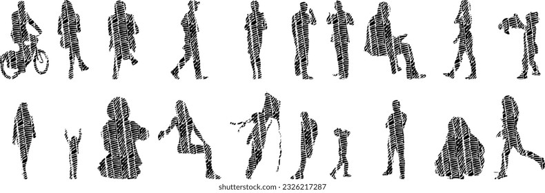 Vector silhouettes, Outline silhouettes of people, Contour drawing, people silhouette, Icon Set Isolated, Silhouette of sitting people, Architectural set	
