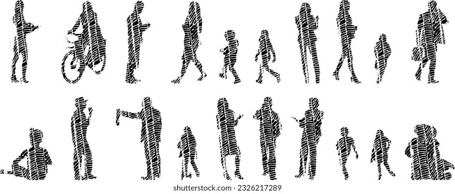 Vector silhouettes, Outline silhouettes of people, Contour drawing, people silhouette, Icon Set Isolated, Silhouette of sitting people, Architectural set	
