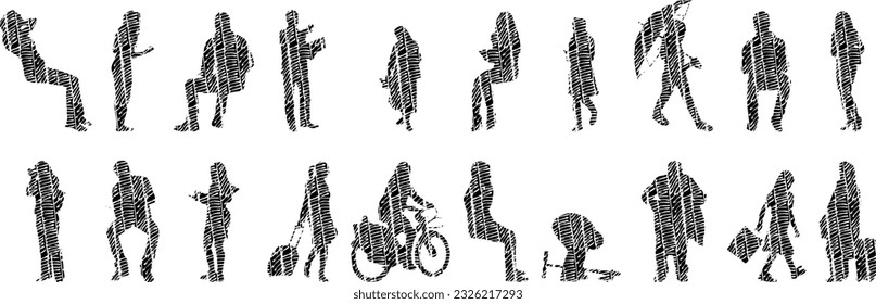 Vector silhouettes, Outline silhouettes of people, Contour drawing, people silhouette, Icon Set Isolated, Silhouette of sitting people, Architectural set	
