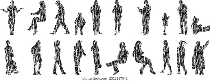 Vector silhouettes, Outline silhouettes of people, Contour drawing, people silhouette, Icon Set Isolated, Silhouette of sitting people, Architectural set	
