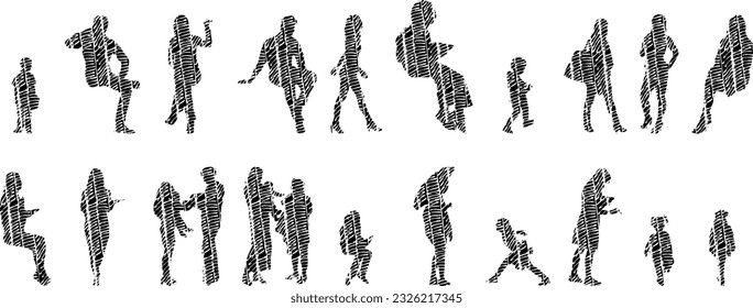 Vector silhouettes, Outline silhouettes of people, Contour drawing, people silhouette, Icon Set Isolated, Silhouette of sitting people, Architectural set	
