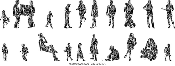 Vector silhouettes, Outline silhouettes of people, Contour drawing, people silhouette, Icon Set Isolated, Silhouette of sitting people, Architectural set	

