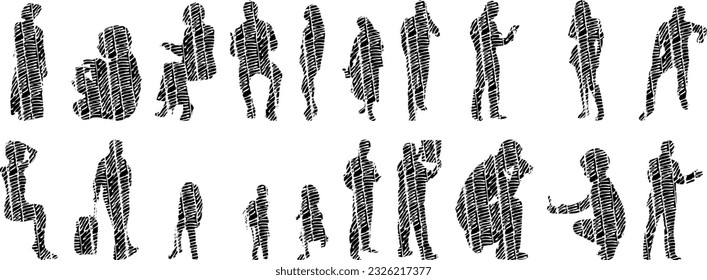 Vector silhouettes, Outline silhouettes of people, Contour drawing, people silhouette, Icon Set Isolated, Silhouette of sitting people, Architectural set	
