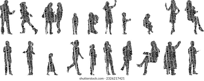 Vector silhouettes, Outline silhouettes of people, Contour drawing, people silhouette, Icon Set Isolated, Silhouette of sitting people, Architectural set	
