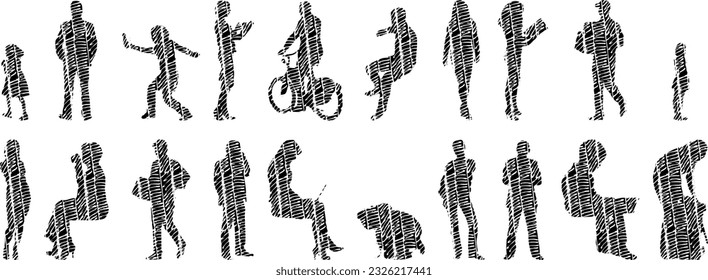 Vector silhouettes, Outline silhouettes of people, Contour drawing, people silhouette, Icon Set Isolated, Silhouette of sitting people, Architectural set	

