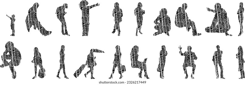 Vector silhouettes, Outline silhouettes of people, Contour drawing, people silhouette, Icon Set Isolated, Silhouette of sitting people, Architectural set	
