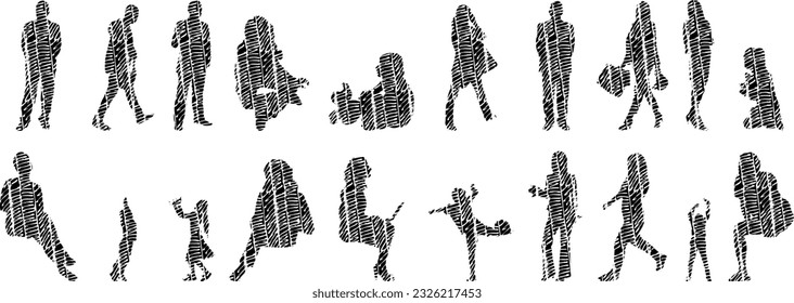 Vector silhouettes, Outline silhouettes of people, Contour drawing, people silhouette, Icon Set Isolated, Silhouette of sitting people, Architectural set	
