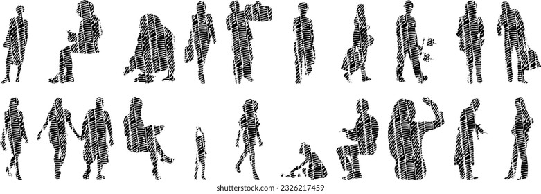 Vector silhouettes, Outline silhouettes of people, Contour drawing, people silhouette, Icon Set Isolated, Silhouette of sitting people, Architectural set	
