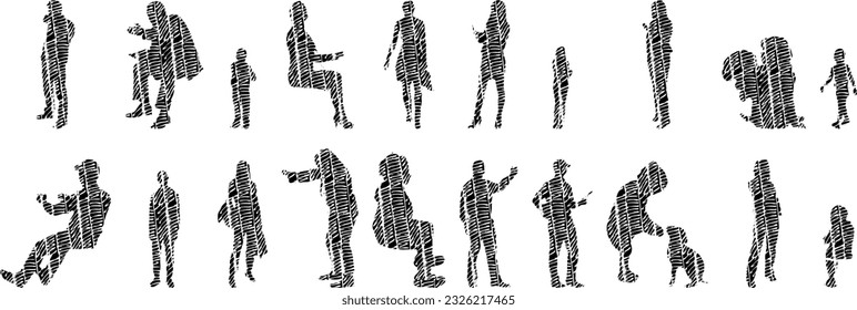 Vector silhouettes, Outline silhouettes of people, Contour drawing, people silhouette, Icon Set Isolated, Silhouette of sitting people, Architectural set	
