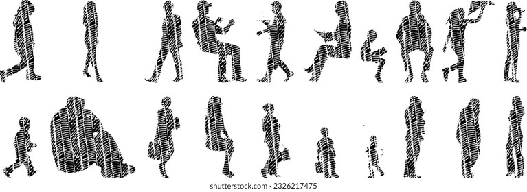 Vector silhouettes, Outline silhouettes of people, Contour drawing, people silhouette, Icon Set Isolated, Silhouette of sitting people, Architectural set	
