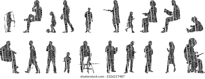 Vector silhouettes, Outline silhouettes of people, Contour drawing, people silhouette, Icon Set Isolated, Silhouette of sitting people, Architectural set	
