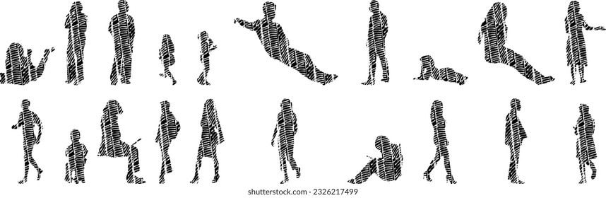 Vector silhouettes, Outline silhouettes of people, Contour drawing, people silhouette, Icon Set Isolated, Silhouette of sitting people, Architectural set	
