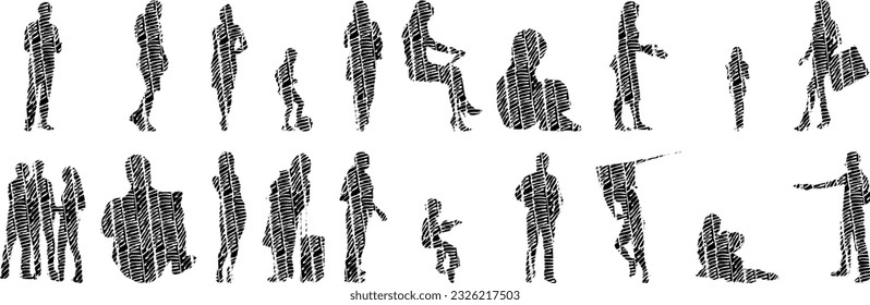 Vector silhouettes, Outline silhouettes of people, Contour drawing, people silhouette, Icon Set Isolated, Silhouette of sitting people, Architectural set	
