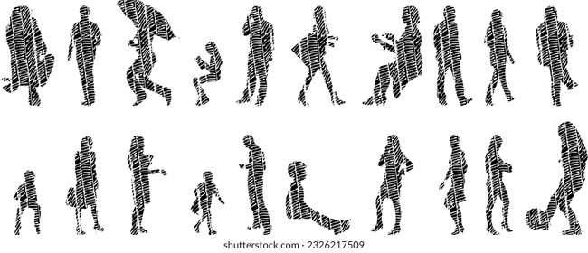 Vector silhouettes, Outline silhouettes of people, Contour drawing, people silhouette, Icon Set Isolated, Silhouette of sitting people, Architectural set	
