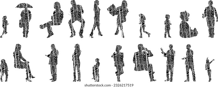 Vector silhouettes, Outline silhouettes of people, Contour drawing, people silhouette, Icon Set Isolated, Silhouette of sitting people, Architectural set	
