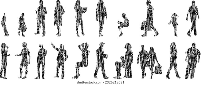 Vector silhouettes, Outline silhouettes of people, Contour drawing, people silhouette, Icon Set Isolated, Silhouette of sitting people, Architectural set	
