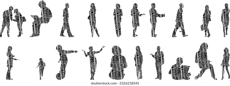 Siluetas vectoriales, Siluetas de contorno de personas, Dibujo de contorno, silueta de personas, Conjunto de iconos aislados, Silueta de personas sentadas, Conjunto arquitectónico	
