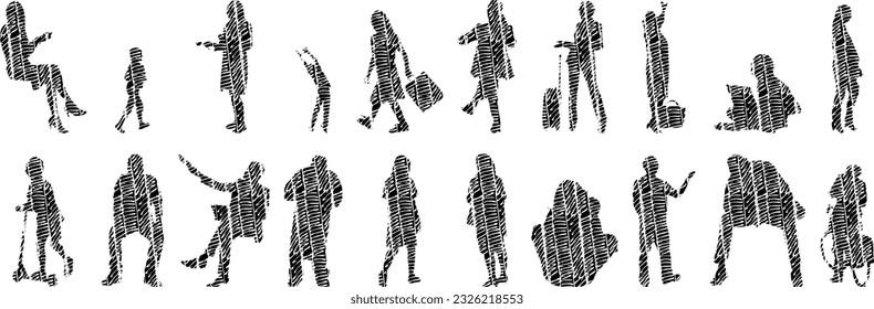 Vector silhouettes, Outline silhouettes of people, Contour drawing, people silhouette, Icon Set Isolated, Silhouette of sitting people, Architectural set	
