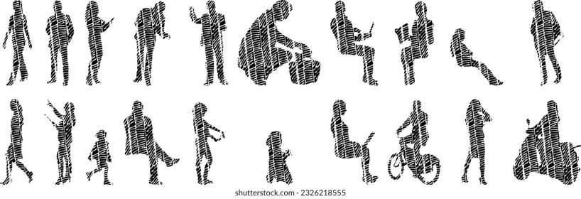 Vector silhouettes, Outline silhouettes of people, Contour drawing, people silhouette, Icon Set Isolated, Silhouette of sitting people, Architectural set	

