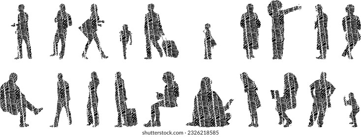 Vector silhouettes, Outline silhouettes of people, Contour drawing, people silhouette, Icon Set Isolated, Silhouette of sitting people, Architectural set	

