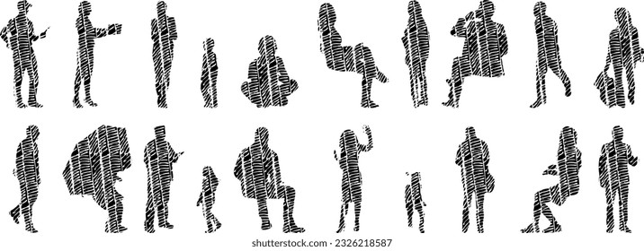 Vector silhouettes, Outline silhouettes of people, Contour drawing, people silhouette, Icon Set Isolated, Silhouette of sitting people, Architectural set	
