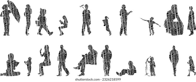 Siluetas vectoriales, Siluetas de contorno de personas, Dibujo de contorno, silueta de personas, Conjunto de iconos aislados, Silueta de personas sentadas, Conjunto arquitectónico	
