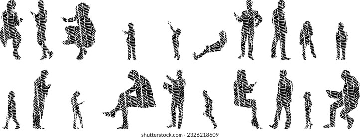 Vector silhouettes, Outline silhouettes of people, Contour drawing, people silhouette, Icon Set Isolated, Silhouette of sitting people, Architectural set	
