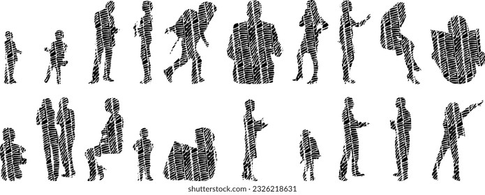 Vector silhouettes, Outline silhouettes of people, Contour drawing, people silhouette, Icon Set Isolated, Silhouette of sitting people, Architectural set	

