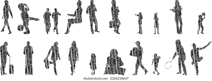 Vector silhouettes, Outline silhouettes of people, Contour drawing, people silhouette, Icon Set Isolated, Silhouette of sitting people, Architectural set	
