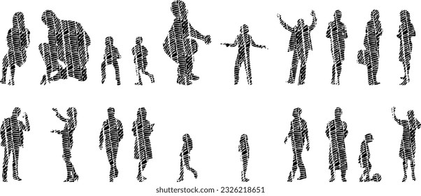 Vector silhouettes, Outline silhouettes of people, Contour drawing, people silhouette, Icon Set Isolated, Silhouette of sitting people, Architectural set	
