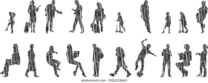 Vector silhouettes, Outline silhouettes of people, Contour drawing, people silhouette, Icon Set Isolated, Silhouette of sitting people, Architectural set	
