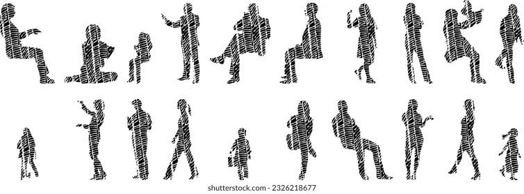 Vector silhouettes, Outline silhouettes of people, Contour drawing, people silhouette, Icon Set Isolated, Silhouette of sitting people, Architectural set	
