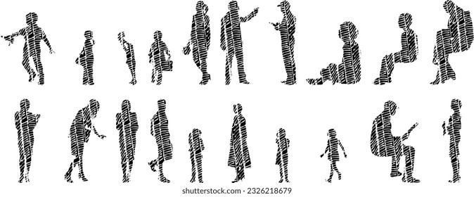 Vector silhouettes, Outline silhouettes of people, Contour drawing, people silhouette, Icon Set Isolated, Silhouette of sitting people, Architectural set	
